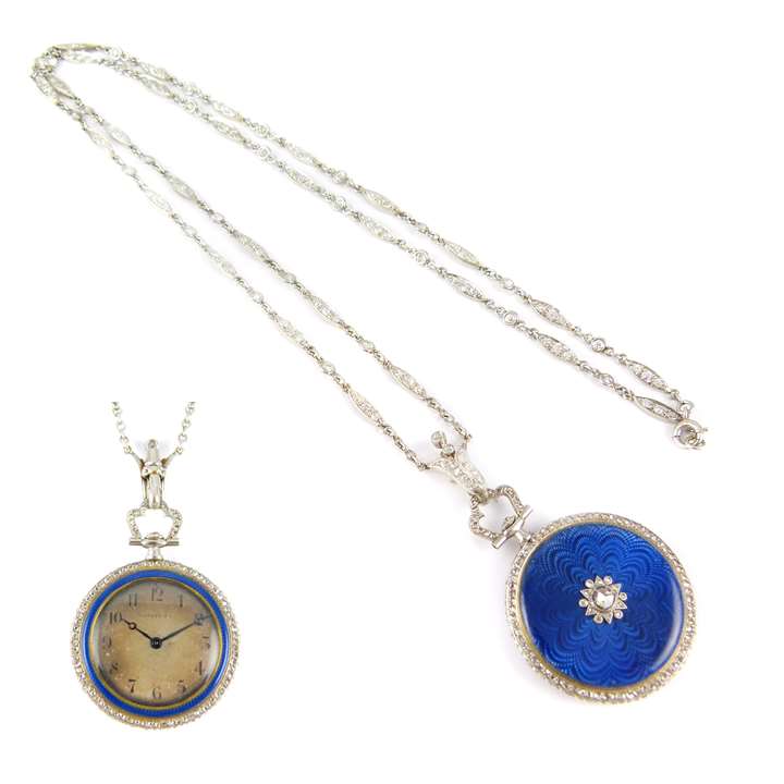 Antique blue enamel and diamond pendant watch together with a diamond chain